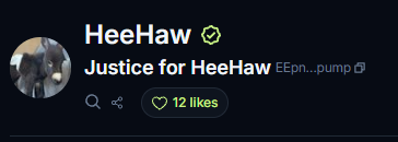ChrisFIR's tweet photo. Finally the token for solana:EEpng77ZPn9FbgbT4xsRjwuxNCcMBYq3HTwEscyTpump was verified by Jupiter!
One more step to finally get #JusticeForHeeHaw!

Spread the word!
@Justice4HeeHaw https://t.co/P2uMobHvjW