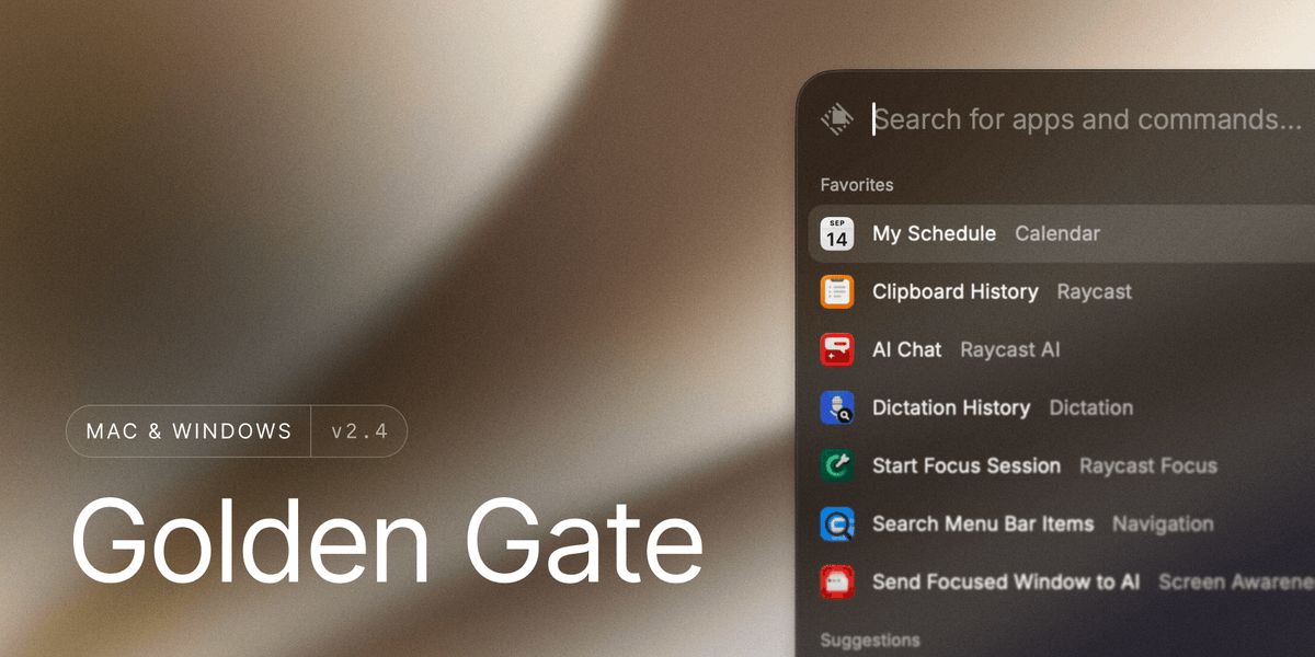 raycast's tweet photo. This week's update is out!

🌉 Ready for macOS Golden Gate
⚡ Faster images, icons, and contact thumbnails
☺️ Faster Emoji &amp; Symbols rendering
📋 Cleaner AI Chat copy and paste
📜 Better Script Commands
🐞 Several bug fixes

Full changelog 👉 https://t.co/bo42agKh6C https://t.co/p7IvQfwgwh