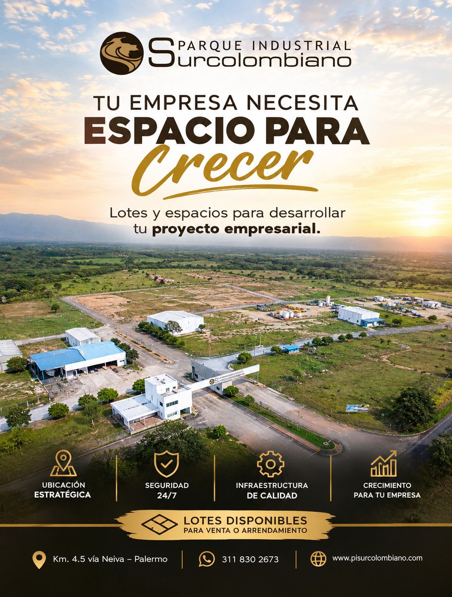 PiSurcolombiano's tweet photo. 🏭 Tu empresa necesita espacio para crecer.

Lotes y espacios para desarrollar tu proyecto empresarial en el Parque Industrial Surcolombiano.

📍 Km. 4.5 vía Neiva – Palermo
📲 311 830 2673
🌐 https://t.co/R3PwEyYPJc

#parqueindustrial #surcolombiano #huila #inversion #empresas https://t.co/cGSYYVzR8M