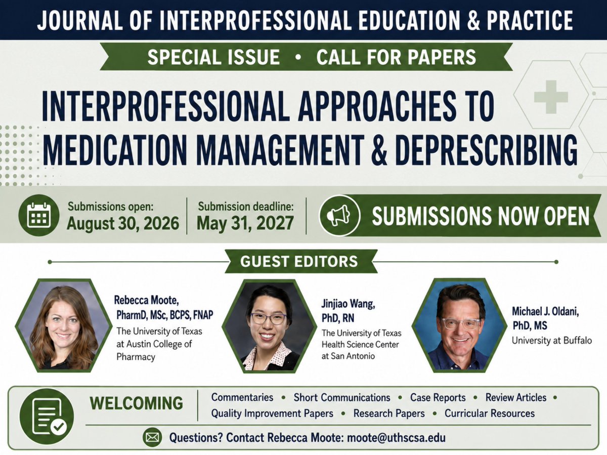 UTexasPharmacy's tweet photo. 📣 CALL FOR PAPERS: Texas Pharmacy's Rebecca Moote, Pharm.D., is serving as managing editor for a special issue focused on interprofessional approaches to medication management and deprescribing. https://t.co/k8UmwwtAla