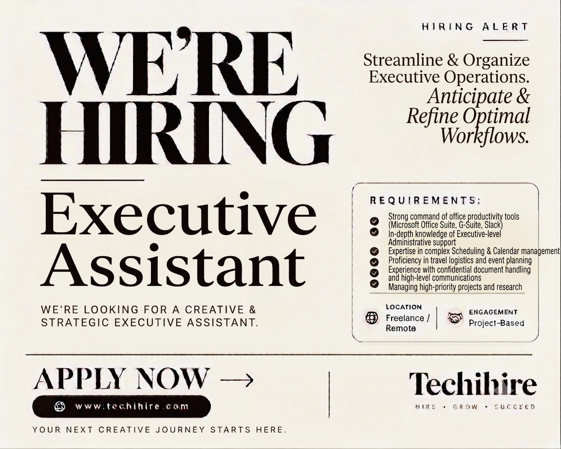real_techihire's tweet photo. Hiring Alert: Executive Assistant
Apply Now: https://t.co/vJvrF98tab
We’re looking for a professional Executive Assistant.
Location: Remote
Employment Type: Full-Time
#Hiring #ExecutiveAssistant #JobsInIndia #RemoteJobs #WorkFromHomeJobs #HiringIndia #CareerGrowth #IndianStudent https://t.co/5rTxAesDHP