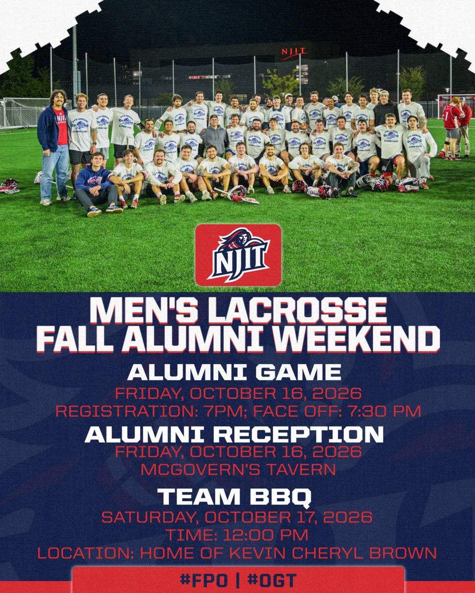 NJITMLAX's tweet photo. 🚨𝐒𝐀𝐕𝐄 𝐓𝐇𝐄 𝐃𝐀𝐓𝐄🚨

We are excited to invite all alumni back to campus for the 2026 Alumni Weekend on Friday, October 16 and Saturday, October 17, 2026.

Registration | https://t.co/7D3VWWrHPG

#RollTech ⚔️ https://t.co/qAQMzi694e