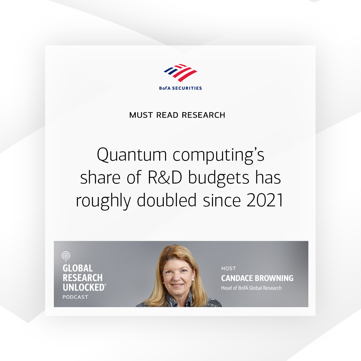 BofA Securities
Must Read Research
Quantum computing’s share of R&D budgets has roughly doubled since 2021
Global Research Unlocked Podcast
Headshot of Candace Browning
Host Candace Browning, Head of BofA Global Research