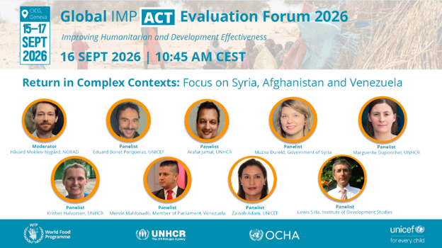 UNICEFEval's tweet photo. Kickstarting Day 2 of the #IEForum2026, Eduard Bonet, Evaluation Specialist, and Zainab A. Adam, Deputy Representative for @UNICEFinSyria, discussed the complexities of generating evidence on safe returns after displacement.

Tune in and listen to our experts!

➡️ JOIN HERE: https://t.co/lkB35fpHJe

#Evidence4Action #Evaluation #ForEveryChild
