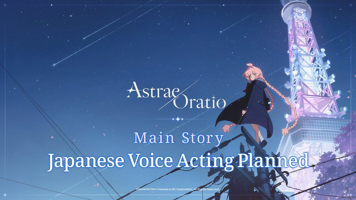 Asora_EN's tweet photo. [Notice from the Special District Office PR Department]

🎙️ Japanese Voice Acting for the Main Story

With TGS 2026 just around the corner,
we have some special Astrae Oratio news to share.

You'll be able to enjoy the main story
with Japanese voice acting!

The City, the Stars, and Magic—
Look forward to experiencing the world of Astrae Oratio like never before,
brought to life by the voices of its characters. ✨

▼ Official Website
https://t.co/FOmAqOH0Vx

#AstraeOratio #Asora #TGS
