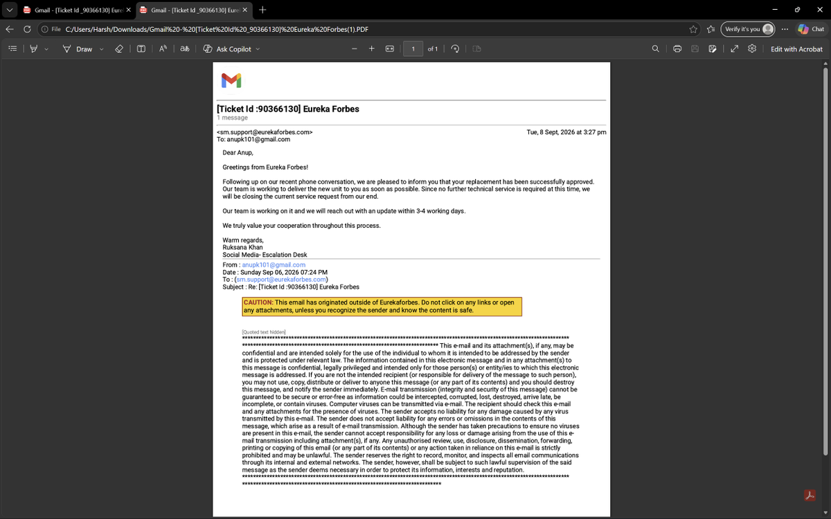 qw12r's tweet photo. Paid full amount for an Aquaguard Aspire Blaze on 29 Aug. It broke in 2 days. Now @Eureka_ForbesIN  claims they don't have stock for the approved replacement and are demanding an extra2500 for a different model. Pathetic serviceFiling a case with NCH1915 tomorrow. @jagograhakjago https://t.co/1XpLeatFXJ
