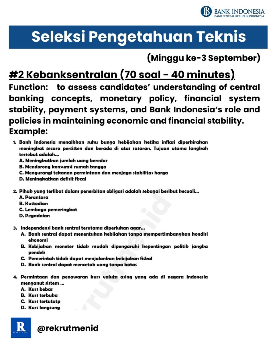 rekrutmenid0's tweet photo. PCPM BI 41 
Seleksi Potensi Teknis (19 - 20 September)  
- Pengetahuan Umum (50 soal - 30 menit)  
- Kebanksentralan (70 soal - 40 menit)  
- Bahasa Inggris 
✅Structure (20 soal - 12.5 menit) 
✅Written Expression (20 soal - 12.5 menit)
✅Reading (20 soal - 20.5 menit) https://t.co/aMINYx9jni