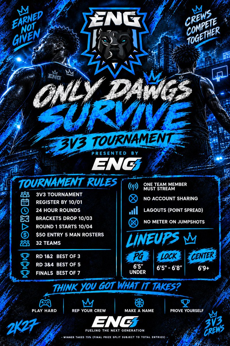 ENG2k's tweet photo. 🚨THERE’S STILL TIME TO BECOME THE TOP DAWG🚨

Think you’ve got what it takes to run the competition? PROVE IT.

Take the crown
Become the TOP DAWG
And you could potentially be represented by ENG for the remainder of 2K27.

SIGN UPS ARE STILL OPEN. https://t.co/j6KffOxFaW