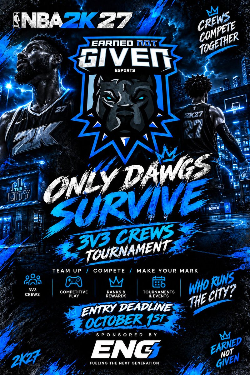ENG2k's tweet photo. 🚨THERE’S STILL TIME TO BECOME THE TOP DAWG🚨

Think you’ve got what it takes to run the competition? PROVE IT.

Take the crown
Become the TOP DAWG
And you could potentially be represented by ENG for the remainder of 2K27.

SIGN UPS ARE STILL OPEN. https://t.co/j6KffOxFaW