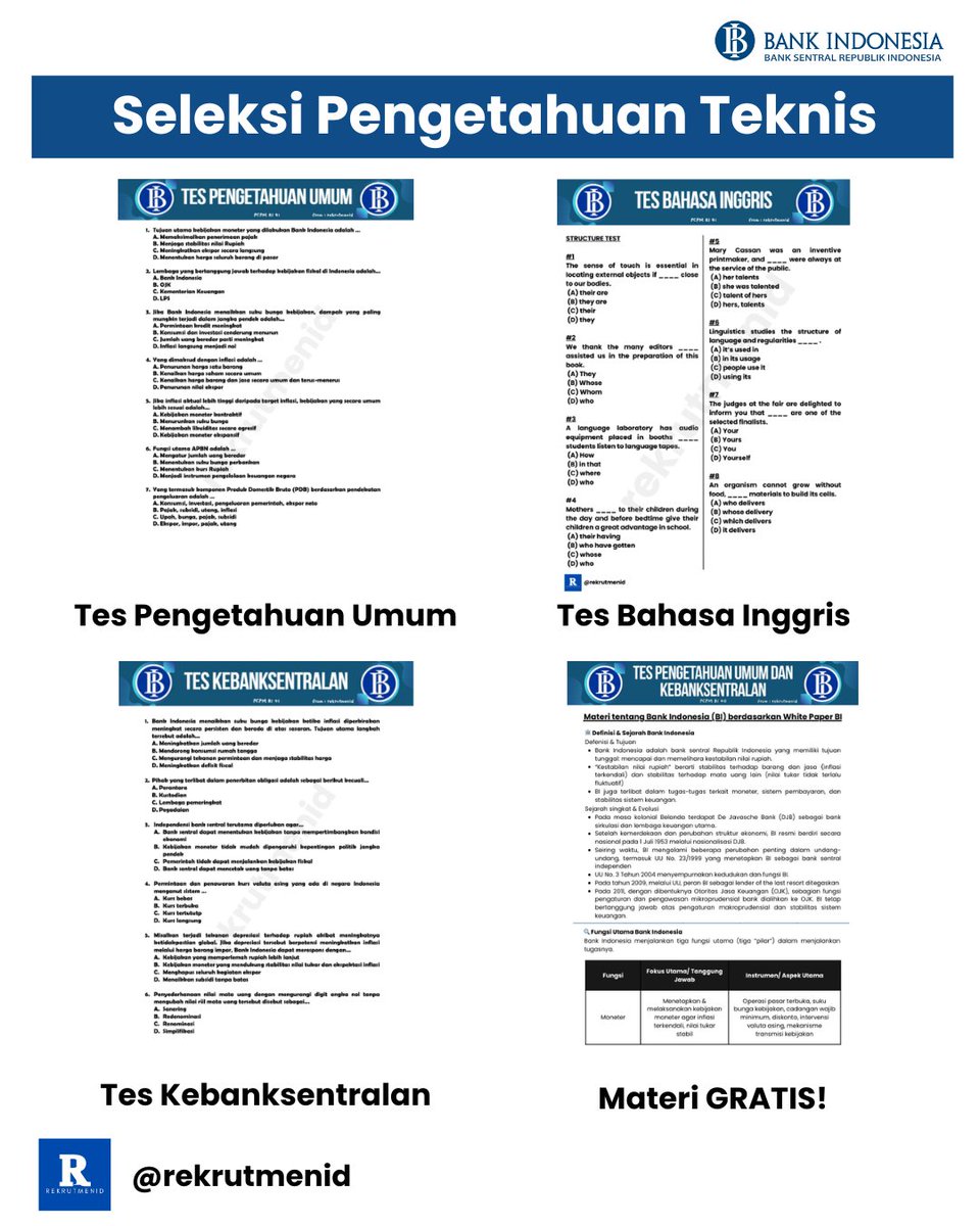 rekrutmenid0's tweet photo. PCPM BI 41 
Seleksi Potensi Teknis (19 - 20 September)  
- Pengetahuan Umum (50 soal - 30 menit)  
- Kebanksentralan (70 soal - 40 menit)  
- Bahasa Inggris 
✅Structure (20 soal - 12.5 menit) 
✅Written Expression (20 soal - 12.5 menit)
✅Reading (20 soal - 20.5 menit) https://t.co/aMINYx9jni