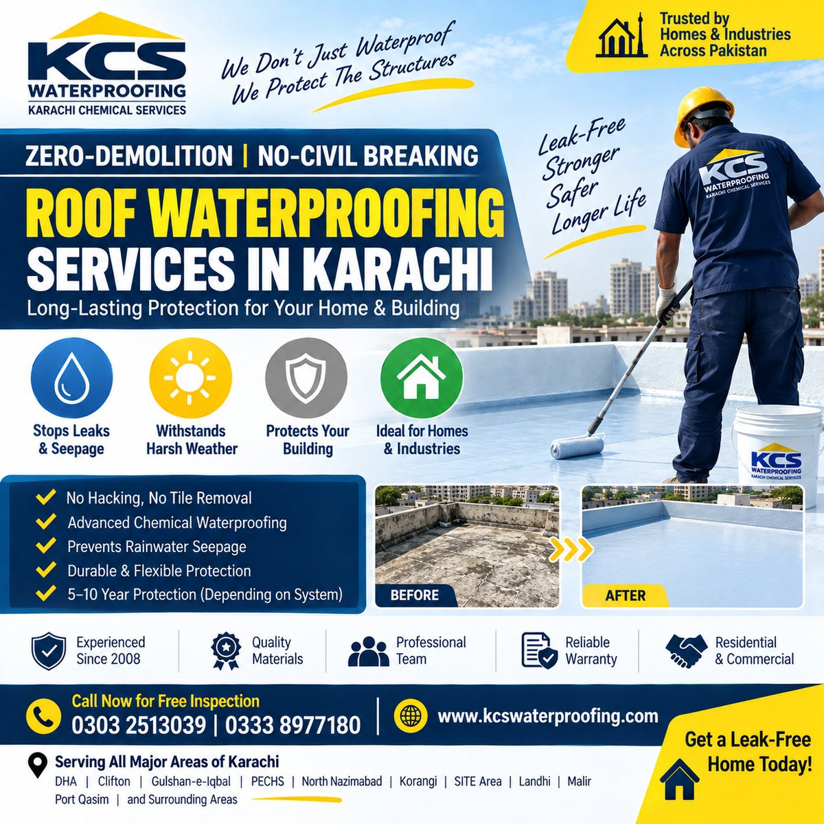 KarachiChemical's tweet photo. 🏠 Roof Waterproofing Services in Karachi | Zero-Demolition
Protect your concrete and RCC roof from water leakage, rain seepage, cracks, and moisture damage with professional roof waterproofing solutions from KCS Waterproofing 

Our Zero-Demolition | No-Civil Breaking https://t.co/rOgcBzwiRG