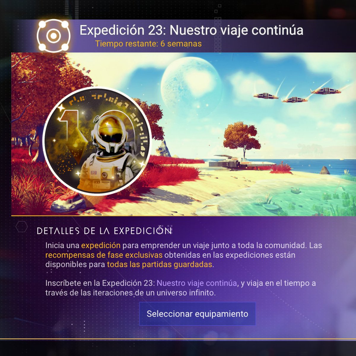 oskar1up's tweet photo. 🌌Ya está disponible la expedición 23 "Nuestro viaje continúa" del 10º aniversario de No Man's Sky Cosmos!

 🗺️Vamos a hacerla en directo y a preparar la guía lo mas rápido posible!

🟪 Twitch/oskar1up https://t.co/nguL56RKd7