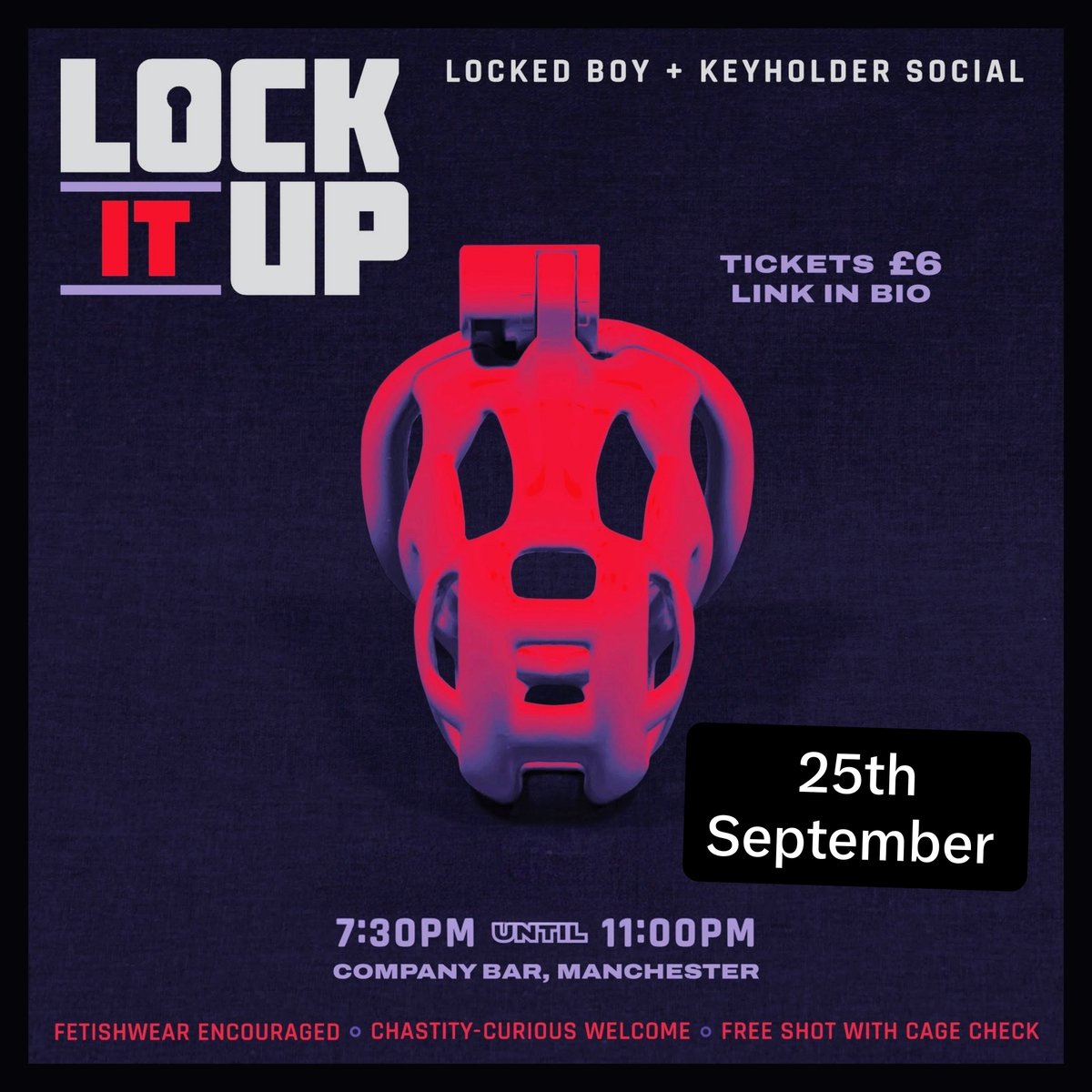 LockItUpMCR's tweet photo. Lock It Up is back on after a short break, and we are raring to go with a Pre-Locktober Special.
🔒Cage Giveaway
🥛Free Shot with Cage Check
🍆Locktober Tips
Grab tickets: link in bio https://t.co/MS0LxBN4XO