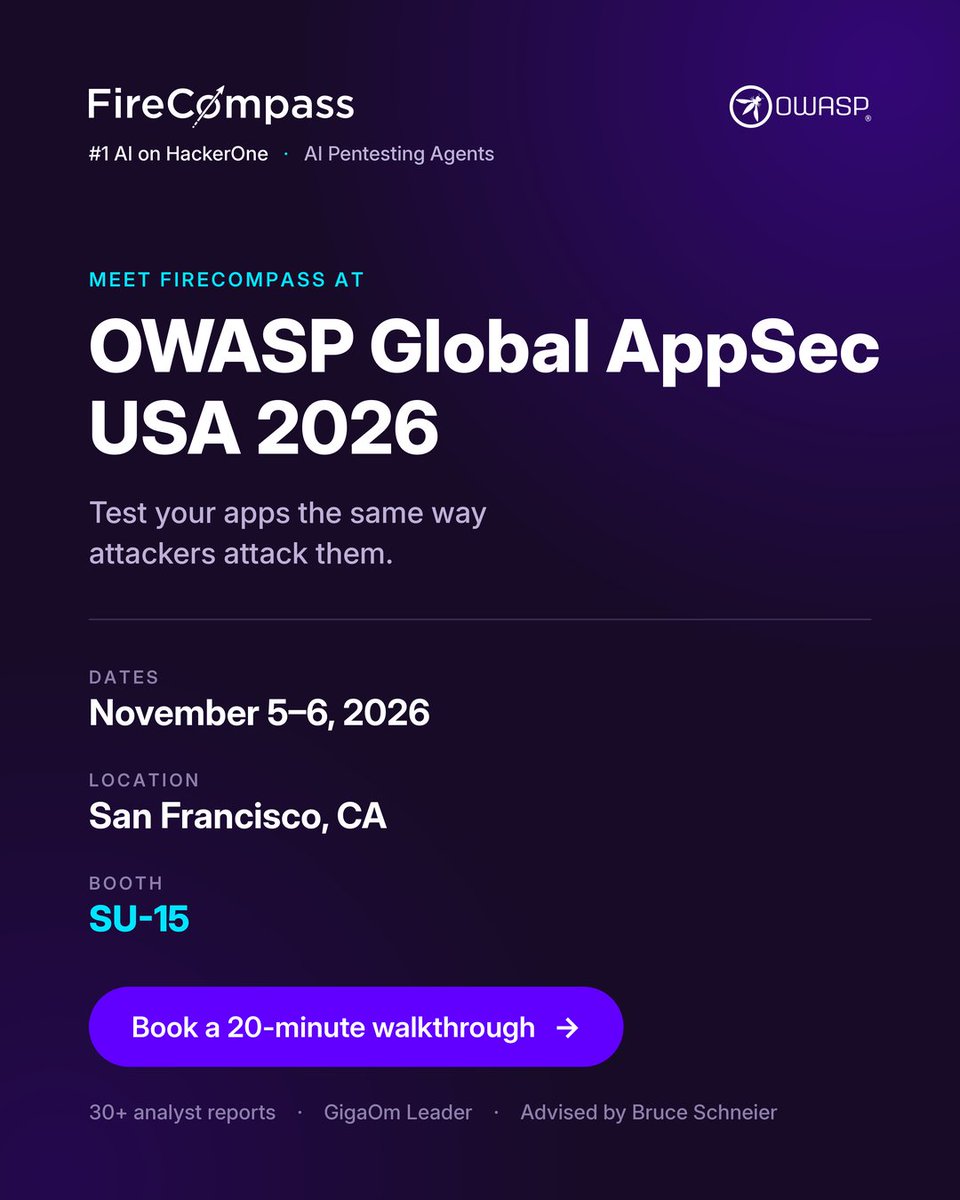 FireCompass's tweet photo. Meet FireCompass at OWASP Global AppSec USA 2026 (Booth SU-15) in SF on Nov 5–6 to see our AI Agents on a live attack surface.

- 100% surface coverage
- Exploit-validated (<2% FP)
- Beats senior testers in 60-70% of runs
#OWASP #FireCompass #USA #USAEvents #SFO #Conference https://t.co/kvS1SMRagZ