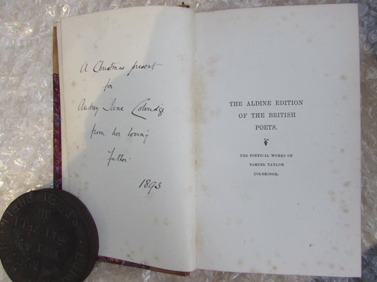 FriendsofSTC's tweet photo. Keith Nicholson, a journalist and rare book collector, acquired an edition of Coleridge's Poetical Works in July in South Wales.  The book appears to be inscribed by Barnard John Seymour Coleridge to his daughter Audrey Jane Coleridge, great great niece of the poet, in 1893. https://t.co/5vK1BedV1t