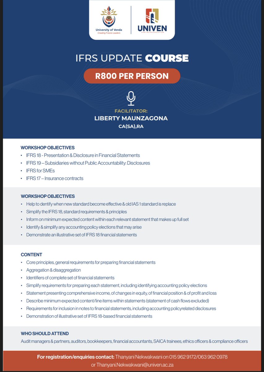 _UIGC_'s tweet photo. Local expertise. Global financial standards.
Stay current with IFRS and strengthen your financial reporting knowledge with UCE’s IFRS Update Course, facilitated by Liberty Maunzagona, CA(SA), RA.

#UNIVEN #UCE #IFRS #FinancialReporting #ProfessionalDevelopment https://t.co/9GEdYX2ySi