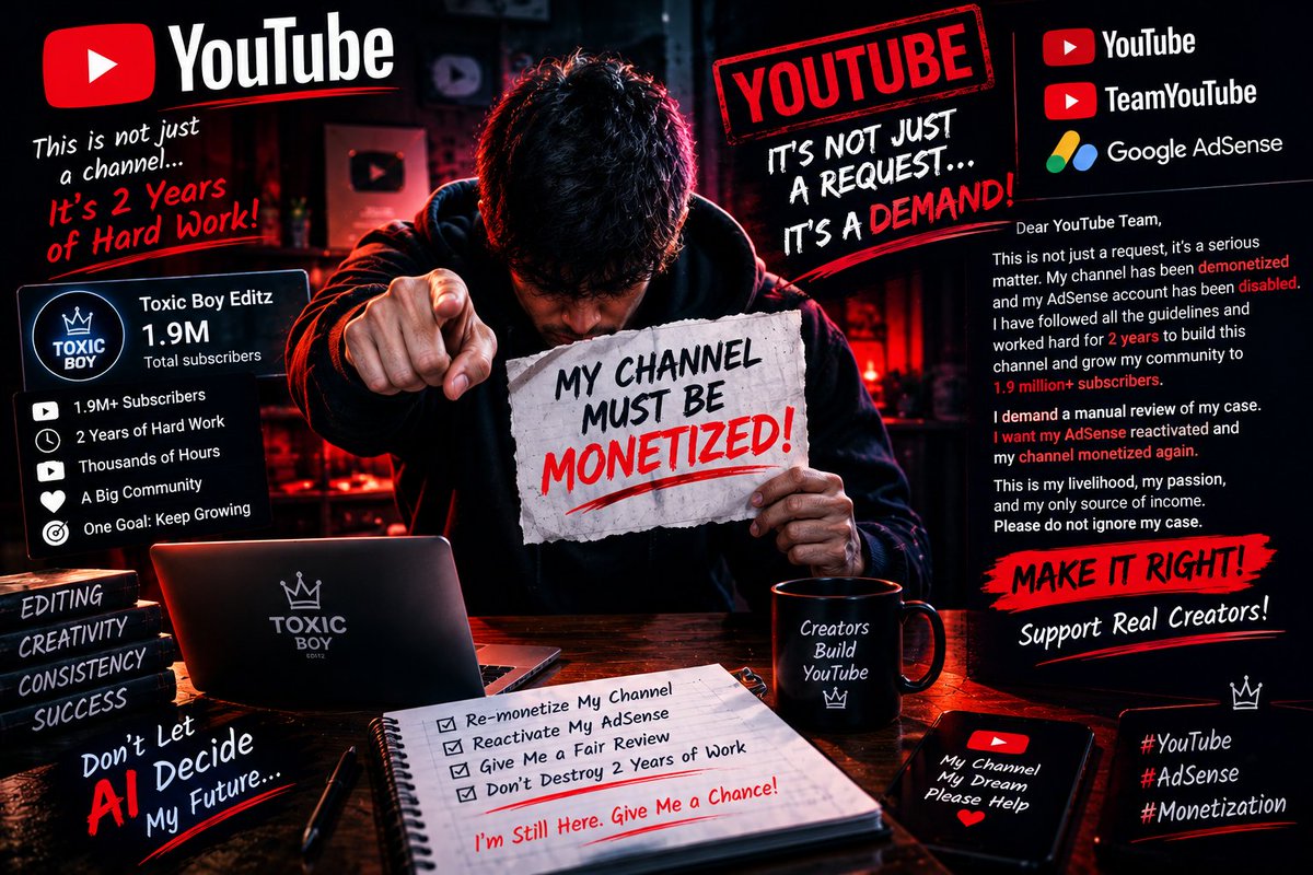 ToxicBoy313's tweet photo. @YouTube @TeamYouTube This is more than just a request — I’m asking you to seriously review my case.
My channel with 1.9M+ subscribers has been demonetized, and my AdSense has been disabled after 2 years of hard work.
I respectfully ask YouTube to review my case manually, fix my AdSense if I’m eligible, and restore monetization to my channel.
Please don’t let an incorrect decision destroy years of work. I deserve a fair review and a genuine chance to continue.
Please review my case and make it right. 🙏
#YouTube #AdSense #Monetization #HumanReview