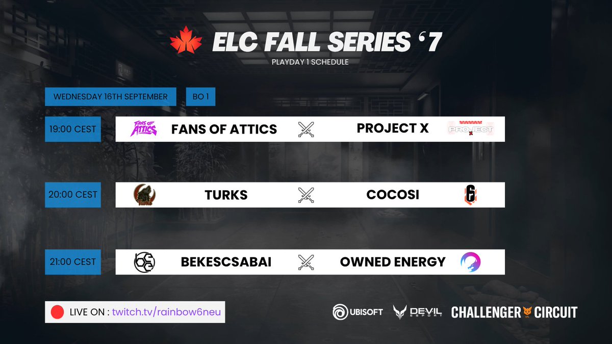 ELC_EsportsR6's tweet photo. [𝐄𝐋𝐂 𝗙𝗮𝗹𝗹 𝐒𝐞𝐫𝐢𝐞𝐬 #𝟳]

Tonight, its a Playday 1 for this Championship Division. Starting now :

⌚️19:00 #fansofattics 🆚 #ProjectX

🎙️@Kryz_UK &amp; #TheDoc
Obs : @vPotatoooooo 
Prod : @axdynx 

🔴 https://t.co/WomNgozTCL

#WeAreELC #ELCFallSeries7 https://t.co/FNVEyTPJZ9