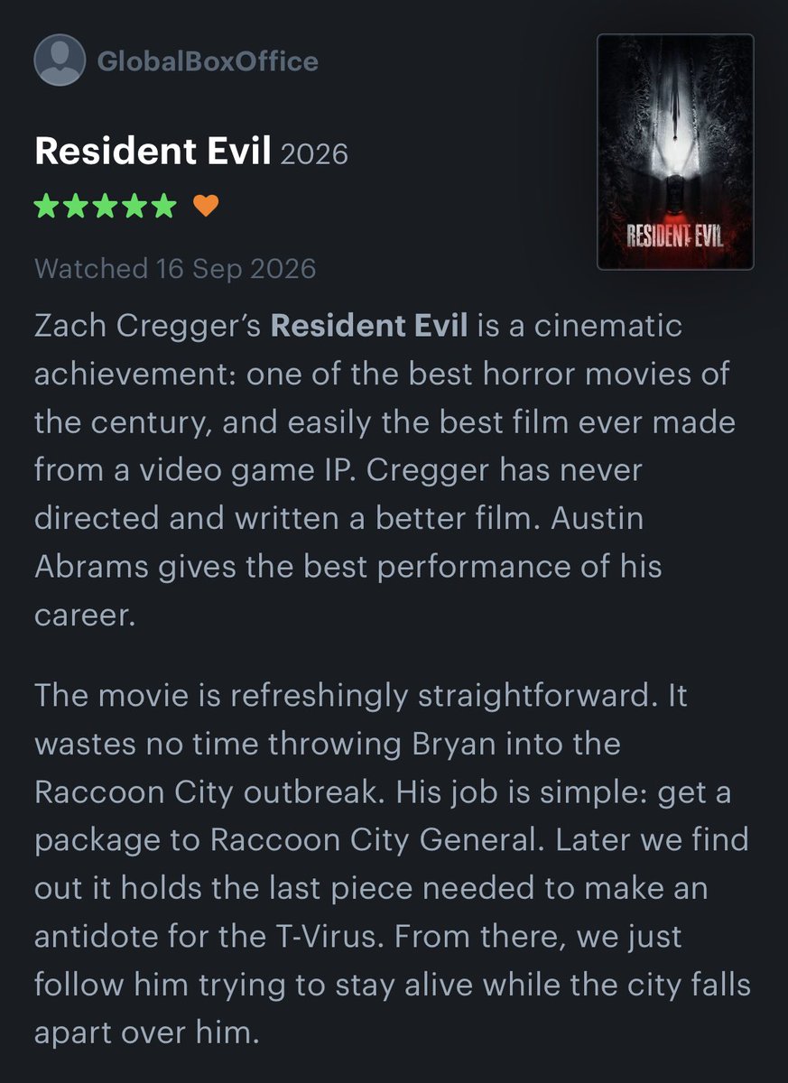 GlobalBoxOffice's tweet photo. Our ★★★★★ review of RESIDENT EVIL,

Zach Cregger delivers what seemed impossible: a good Resident Evil movie and his most daring, disturbing and pessimistic film to date, in the best movie based on a video game IP ever produced. https://t.co/fb7uZhx0rM