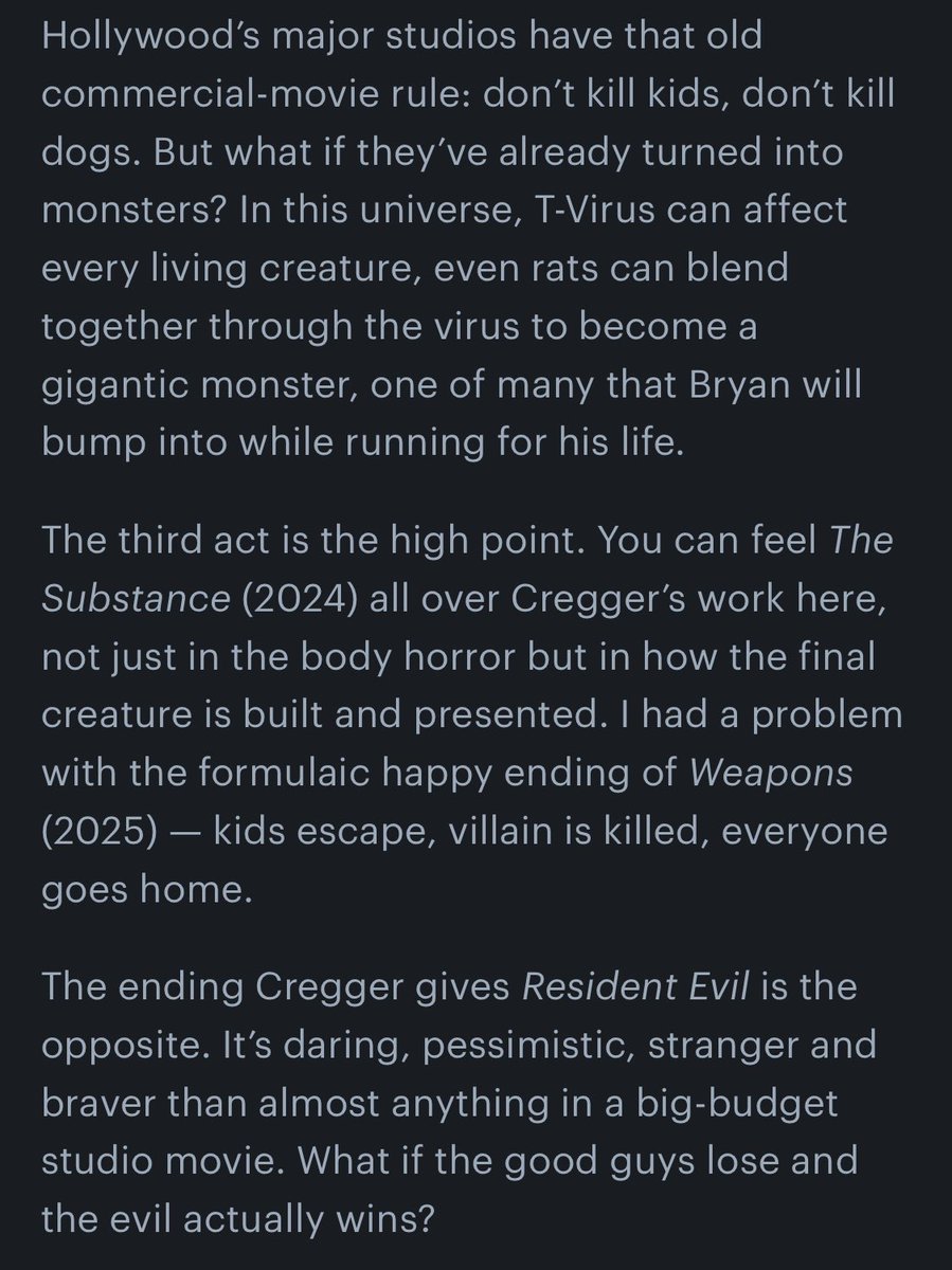 GlobalBoxOffice's tweet photo. Our ★★★★★ review of RESIDENT EVIL,

Zach Cregger delivers what seemed impossible: a good Resident Evil movie and his most daring, disturbing and pessimistic film to date, in the best movie based on a video game IP ever produced. https://t.co/fb7uZhx0rM