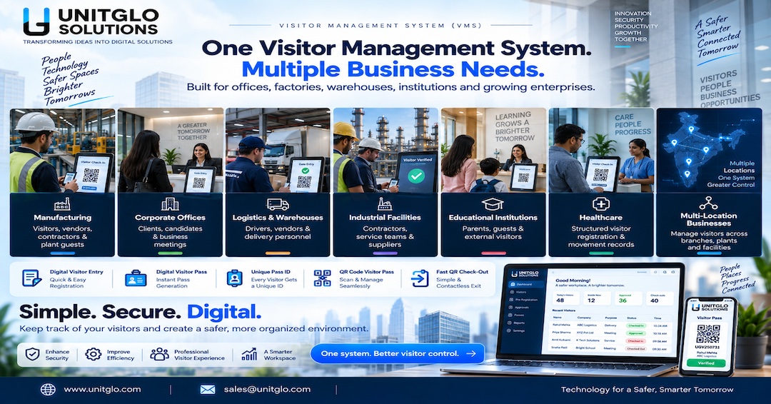 UnitgloSolution's tweet photo. One VMS. Multiple business needs. Built for manufacturing, offices, logistics, industrial facilities, education, healthcare &amp; multilocation businesses. Digital entry, passes, QR verification &amp; tracking. https://t.co/5nvKIe5nzT 
#VisitorManagement #SME #MSME #Logistics #technology https://t.co/RWdmwly9Nn