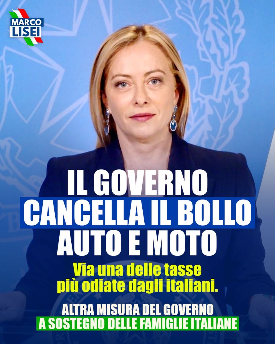Marcolisei's tweet photo. Il Governo Meloni cancella il bollo per auto. 
Un altro successo concreto per alleggerire il peso fiscale su famiglie e cittadini. https://t.co/BRgt5NHAap