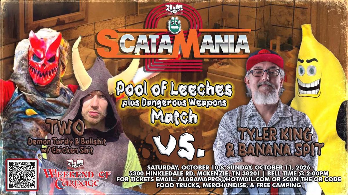 turdyWorldorder's tweet photo. 💩 SCATAMANIA 2 MATCH ANNOUNCEMENT 🚽

Demon Turdy & Bullshit (tWo) vs. Tyler King & Banana Spit!

🔥 Pool of Leeches + Dangerous Weapons Match!

A heated real-life feud explodes at SCATAMANIA 2! For the first time on US soil this decade, witness the return of the Pool of Leeches match!

📅 Oct 10–11, 2026
📍 McKenzie, TN
🏆 Carnage Cup 16
🎟️ Tickets: https://t.co/02zQIdwZMl

#iwadeepsouth #carnagecup #deathmatch #prowrestling