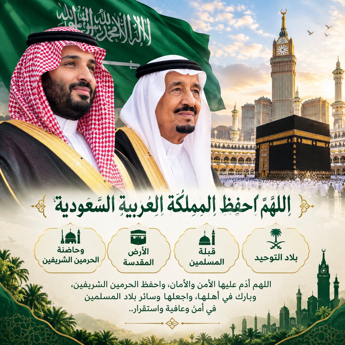 aburaid8899's tweet photo. 🇸🇦 اللهم احفظ المملكة العربية السعودية

بلاد التوحيد 🤍
قبلة المسلمين 🕋
الأرض المقدسة 🌿
وحاضنة الحرمين الشريفين 🕌

اللهم أدم عليها الأمن والأمان، واحفظ الحرمين الشريفين، وبارك في أهلها، واجعلها وسائر بلاد المسلمين في أمنٍ وعافيةٍ واستقرار. 🤲🇸🇦 https://t.co/WpZWTe4Uqk