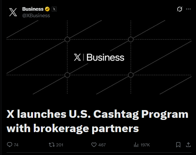 whitee_rhinoo's tweet photo. #X launched its #US #Cashtag Partner Program for #stocks #ETFs and #crypto alongside Interactive Brokers, Moomoo, Gemini, Kraken, and Coinbase. The platform now routes users directly to partner exchanges to execute trades while keeping transaction processing on the broker side
#MarketUpdate #StockMarket #USA #stocks #Bullish #bearish #TRUMP $Trump #America #DonaldTrump #rates #GlobalTrade #altcoin #altcoins #altseason #coin #coins #token #cryptocurrency #trading #UnitedStates