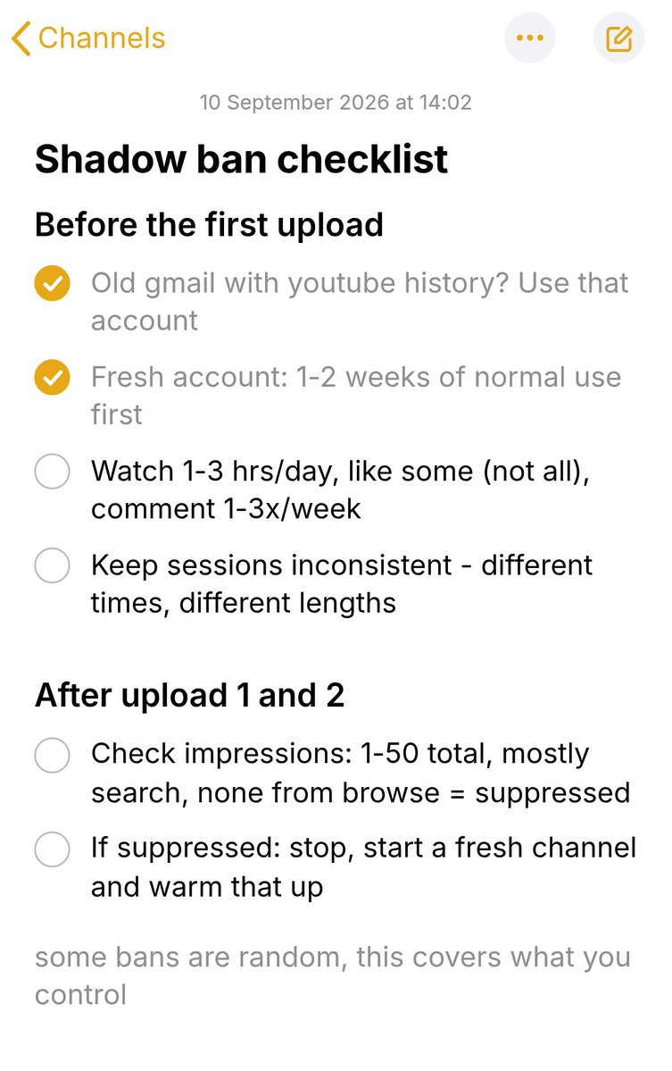 facelesslaunchp's tweet photo. a new youtube channel can be suppressed from upload one. the warm-up routine we give students before they upload anything:

1. if you have an old gmail that's been watching youtube for years, start the channel there. that account already carries the most trust you can get

2. starting fresh anyway? give it 1 to 2 weeks of normal use first. watch content 1 to 3 hours a day (background is fine), like some videos but not all of them, and comment on 1 to 3 videos a week. commenting helps the trust score a lot as long as you don't overdo it

3. stay inconsistent. different session lengths, different times of day. a perfectly regular schedule is exactly what a bot looks like

4. after your first two uploads, check the numbers. 1 to 50 impressions total, most of them from youtube search and nothing from browse, means the channel is suppressed. don't keep uploading into it, start a fresh one and warm that up too

some shadow bans are just random and no routine prevents all of them. this one covers the part you actually control

bookmark this before you need it