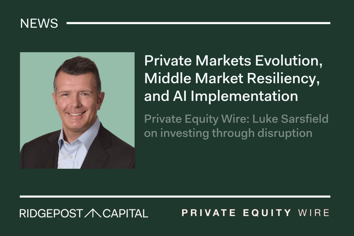 RidgepostCap's tweet photo. Ridgepost Capital Chairman and Chief Executive Officer Luke Sarsfield recently sat down with Jack Arrowsmith of @PEWireNews at @IpemMarket Global to discuss the evolving private markets landscape and investing through disruption.

Luke highlighted why the middle market can offer resilience during periods of uncertainty through a broader opportunity set, lower leverage, and greater exit flexibility. He also shared perspectives on trends shaping private markets, including AI adoption and the expansion of private wealth distribution.

Read the full article here: https://t.co/WkdGu2ezoK

#PrivateMarkets #AlternativeInvestments #MiddleMarket