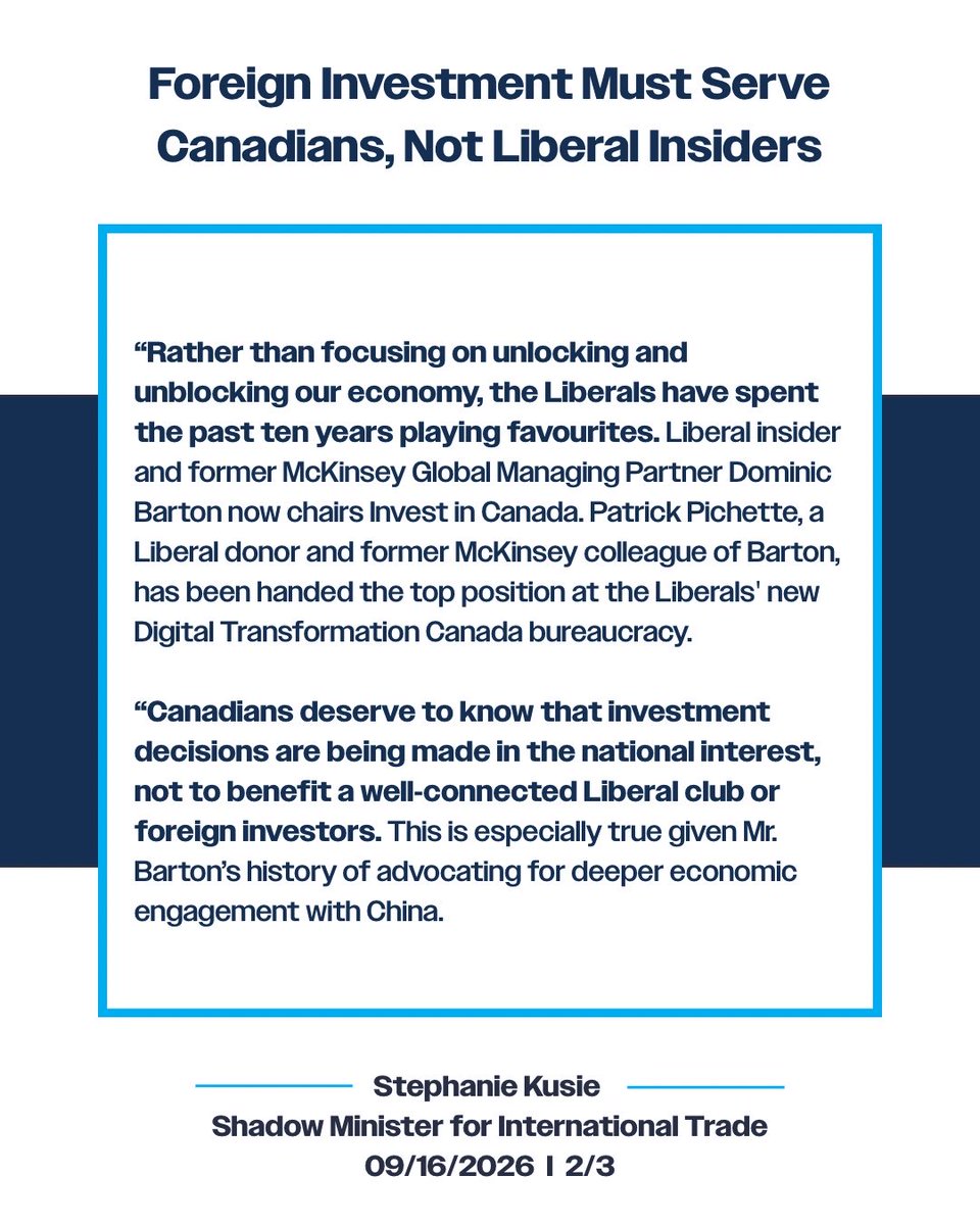 StephanieKusie's tweet photo. Foreign investment must serve Canadians, not Liberal insiders. 

Conservative statement on the conclusion of the Canada Investment Summit👇👇 https://t.co/SdAtDJdoTw