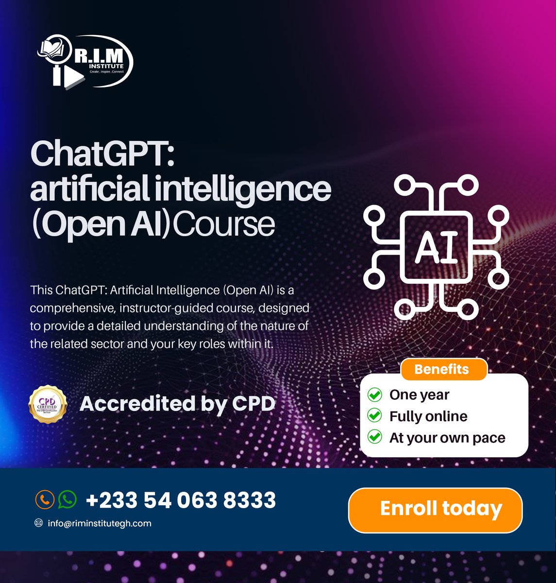 RIM_Institute's tweet photo. Ready to move from simply using ChatGPT to mastering its full potential? RIM Institute brings you two powerful learning opportunities: ChatGPT: Artificial Intelligence (Open AI) Course and the ChatGPT Masterclass: Zero to Hero.
#UPSA #Accra #TechCulture  #ChatGPT https://t.co/zZHHgTKZP3