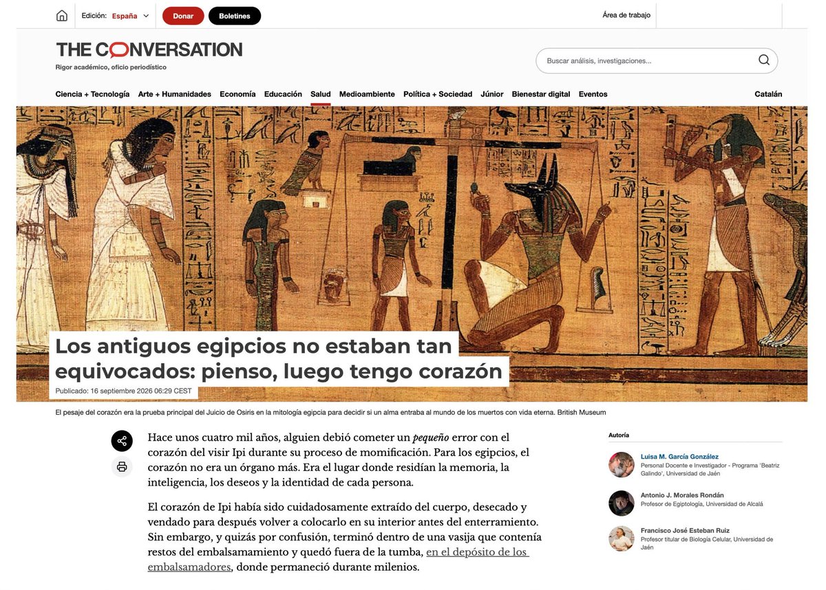 amoralesrondan's tweet photo. Novedad en @Conversation_E con un estudio, breve pero ameno, sobre la percepción egipcia del corazón. Neurología, medicina, arqueología y Egiptología de la mano... @UAHes @fylUAH @ujaen @MKTP_expedition @aedeweb2030 @aetwitte @egiptologia20 #Egipto #UAH #UJA #TheConversation https://t.co/TTQmcEwToU