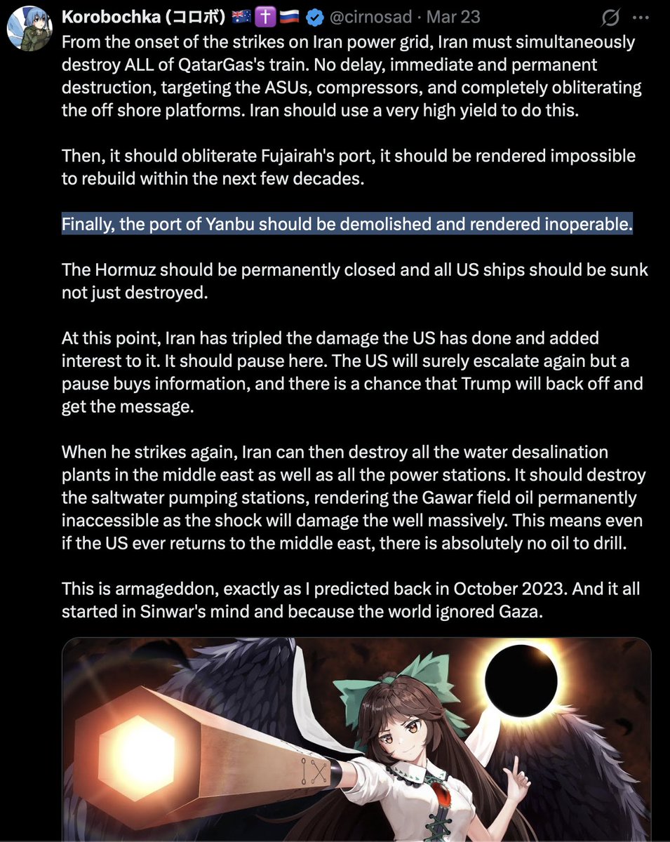 cirnosad's tweet photo. Confirmation via FIRMS: The Yanbu port is gone. The flare is catastrophic and right at the mouth of the port.

No more exports from Saudi Arabia. https://t.co/jAnAjFRK7T