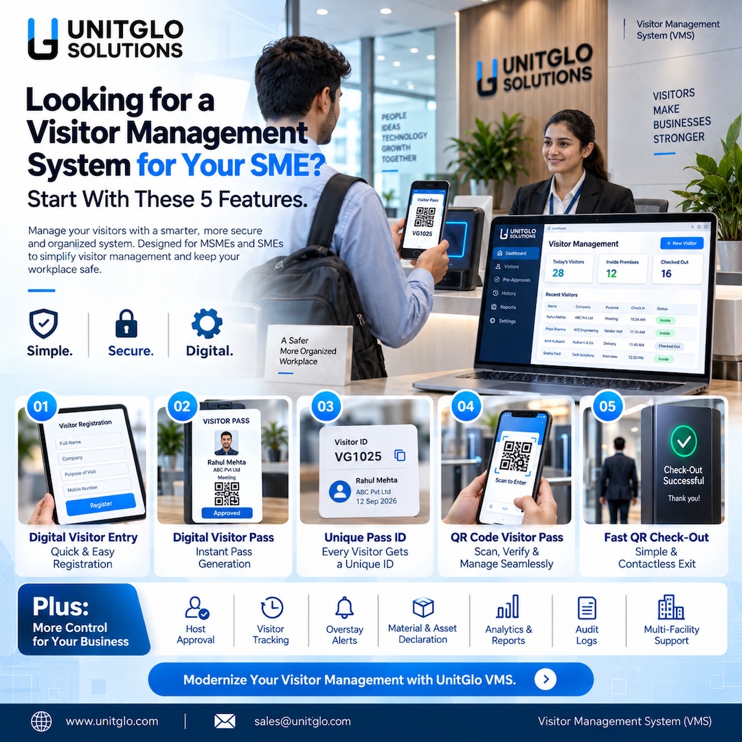UnitgloSolution's tweet photo. SME essentials: Digital Visitor Entry, Instant Pass, Unique Pass ID, QR Visitor Pass &amp; Fast QR Check-Out—plus approvals, tracking, alerts, analytics &amp; audit logs. Modernize with Unitglo VMS. 
https://t.co/5nvKIe5nzT 
 #SME #VMS #visitormanagement #Security #MSME #Digitalization https://t.co/h21XXkzqLb