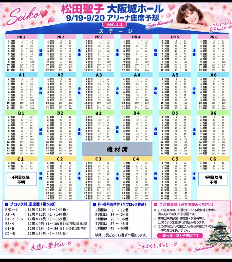 Cojpjan's tweet photo. 🎫松田聖子 大阪城ホール
アリーナ座席予想【Ver.2.1】完成❤️
前回Ver.2.0からの変更点は、Cブロックの詳細を追加しました！

※間違いあれば教えてください。
※個人的に作成した予想図です。実際と異なる場合があります。
#松田聖子 #大阪城ホール #アリーナ #座席表 #100回記念 https://t.co/YVR959oAD9
