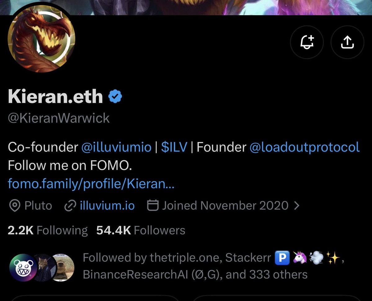 CryptoExpert101's tweet photo. @DarkPoolFi too big to fail, too backed

0x073407b2ba247e88a3183849ec2817512171d7ef

Kieran.eth・@KieranWarwick [🧠 7K]
Followers: 54K ・ 509 smart
Tweets: 6K ・ 1.3 likes/tweet
Mentions: 4.3K ・ 481 smart
Ethos: 1381 ・ neutral 🤔
Joined: 24-11-2020 09:43 UTC
Based in: Australia 🇦🇺

Co-founder @illuviumio | $ILV | Founder @loadoutprotocol
Follow me on FOMO. 
https://t.co/LkuFRbRN41

🧬 blknoiz06⋅Rewkang⋅inversebrah⋅zhusu⋅MustStopMurad