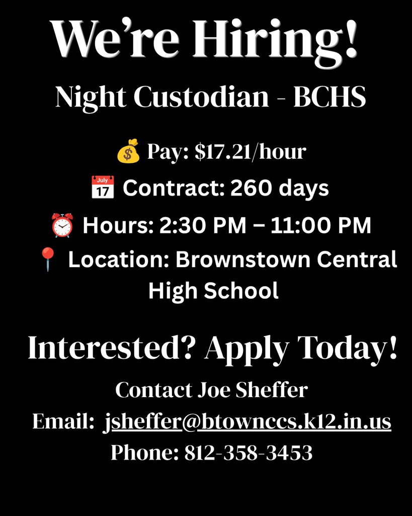BravesBCHS's tweet photo. BCHS Night Custodian position.  Cleaning experience preferred.  Call or email today to schedule an interview. https://t.co/PPhPd2cq6z