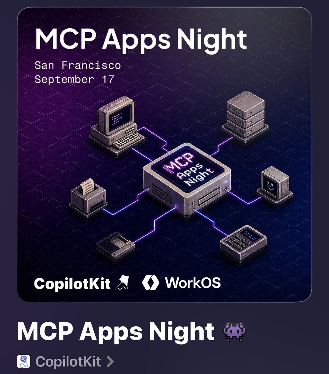 ulidabess's tweet photo. We're cooking some insane events in the next few weeks

👾 MCP Apps Night at @WorkOS (Tomorrow!)
https://t.co/Fd38YDofQl

Over 400 registered already. Demos from CopilotKit, Anthropic, Manufact and the community!

✨Generative UI Night at WorkOS
https://t.co/1c1GyXOxGp

☕️ Software Factories Night at @UseCorgi Cafe
https://t.co/SYFU4lfFMw

Official Tech Week Event! Bobba, Coffee and demos/talks on Software factories. Hear how CopilotKit maintains a 22x10x8 Software Factory, and from @mastra on how to build your own factory.

s/o @sofiiiiiasz for organizing these and for next level poster designs