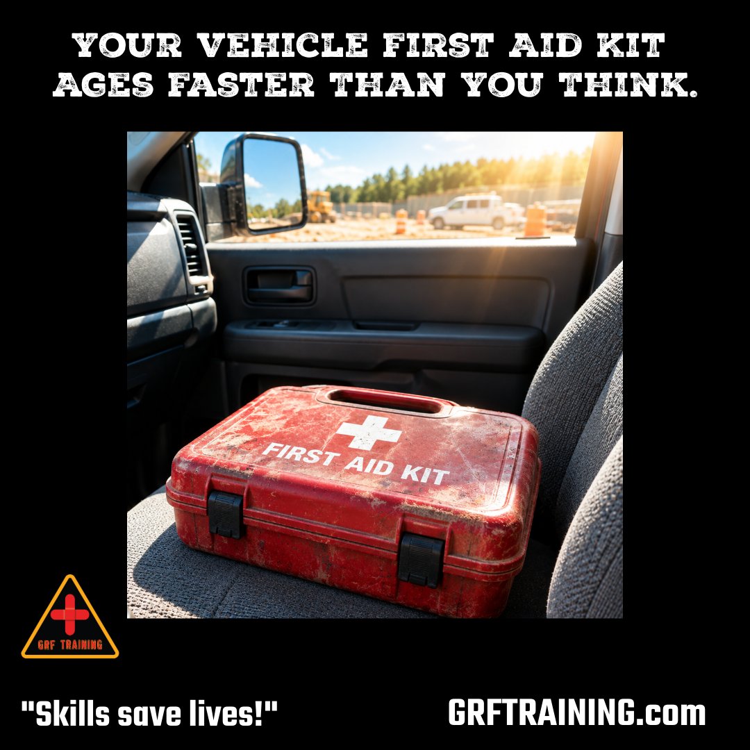 grftraining's tweet photo. Extreme temperatures and direct sunlight can cause first aid supplies to degrade more quickly. 
Inspect vehicle first aid kits at least every six months to ensure they are ready when an emergency occurs.

#FirstAidKit #WorkplaceSafety #EmergencyPreparedness #GRFTraining https://t.co/vzG26zd6g1