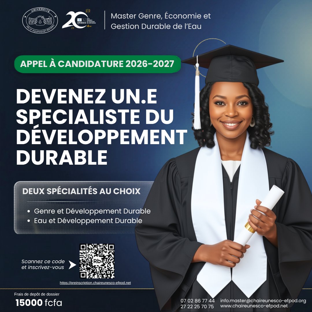 EfpodChaire's tweet photo. 📢✨ Candidatures ouvertes pour le Master en Genre, Économie et Gestion Durable de l’Eau 2026–2027 ! 🌍💧 Renforcez votre expertise sur le genre et le développement durable. Pré-inscription 👉 https://t.co/hRAGBBsPw9 📚 Infos : +225 07 02 86 77 44 https://t.co/a6YgFCiiGZ
