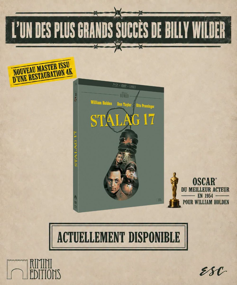 RiminiEditions's tweet photo. Le chef-d'œuvre de Billy WILDER "STALAG 17" est actuellement disponible en édition limitée combo BLU-RAY + DVD dans un nouveau master issu d'une restauration 4K

👉 Commander:
https://t.co/chzQZOWI0k

#Stalag17 #BillyWilder #WilliamHolden https://t.co/21z9Ita5bi