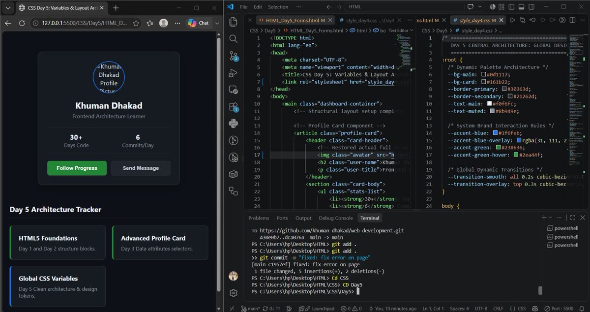 thekhuman__'s tweet photo. Day 17 of my Web Development series! 🚀 
Continuing with CSS Variables &amp; clean architecture 
🪬Improved my profile card + project tracker UI  Writing more maintainable code every day!  #100DaysOfCode #CSS #WebDev #OpenToWork https://t.co/Ul08xHkBF9