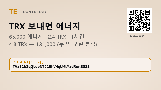 Dydecjx's tweet photo. 2.4 TRX → 65,000 에너지
4.8 TRX → 131,000 (두 번 보낼 분량)
보내면 자동으로 지급됩니다

지갑 주소는 프로필 참고
#USDT출금 https://t.co/FqknhjeyZp