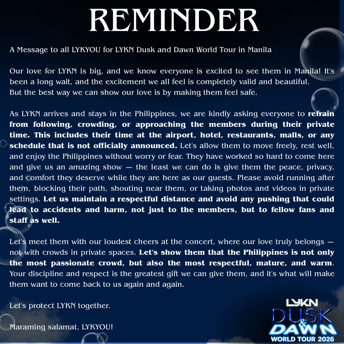 lykn_ph's tweet photo. Please be reminded, LYKYOU!

Let's respect LYKN's privacy and safety during their stay in Manila. Please do not follow or crowd them outside official schedules.

Let's welcome them with respect at the concert. Thank you!

#LYKNDuskAndDawnxManila 
#lyknph https://t.co/pNHAi0HsTa