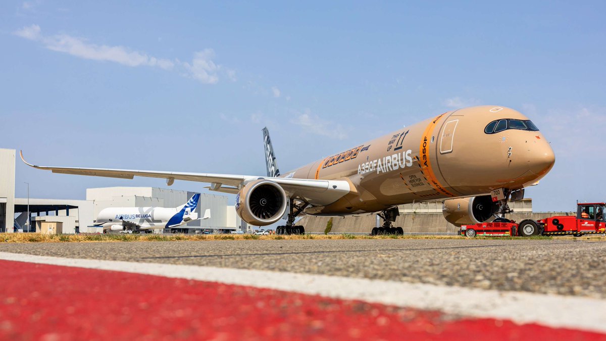 Airbus's tweet photo. Our #A350F is getting ready for its first flight! 📦✈️

But before taking to the skies, there’s a lot of testing to do. Here's a sneak peek of what happens behind the scenes ➡️ https://t.co/Oe1UJSpv1P https://t.co/iIFkmSaeLf