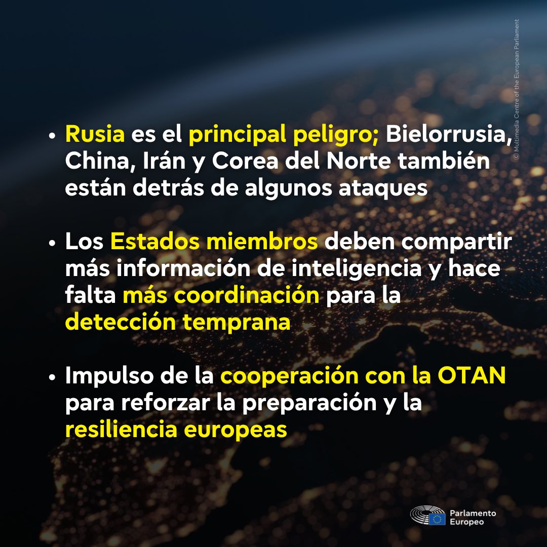 Europarl_ES's tweet photo. 🚨 El Parlamento Europeo alerta del aumento de ataques híbridos contra la Unión Europea: Rusia y Bielorrusia como principales responsables, junto a China, Irán y Corea del Norte.

Piden más inteligencia compartida, reforzar el SIAC y cooperar con la OTAN.

https://t.co/C48PzBUAZk https://t.co/pwzCaSKHY9