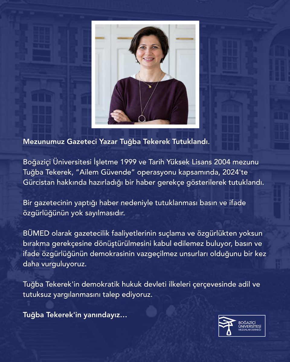 bumedofficial's tweet photo. Mezunumuz Gazeteci Yazar Tuğba Tekerek Tutuklandı.
Tuğba Tekerek'in yanındayız… https://t.co/9KvqcSDY3Q