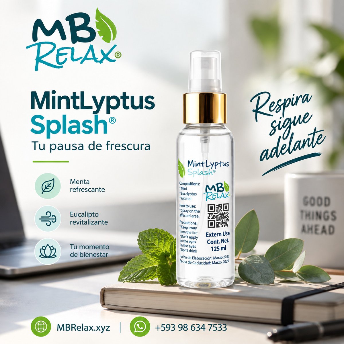 MarbustTech's tweet photo. 🌿 ¿Un día intenso? Haz una pausa. 💚

MintLyptus Splash® combina menta + eucalipto para brindarte una agradable sensación de frescura.

💦 Respira. Relájate. Sigue adelante.

🌐 https://t.co/Zx31maK9Ga
📲 +593 98 634 7533
#MBRelax #MintLyptus #Bienestar https://t.co/WwBcrYhi9Y